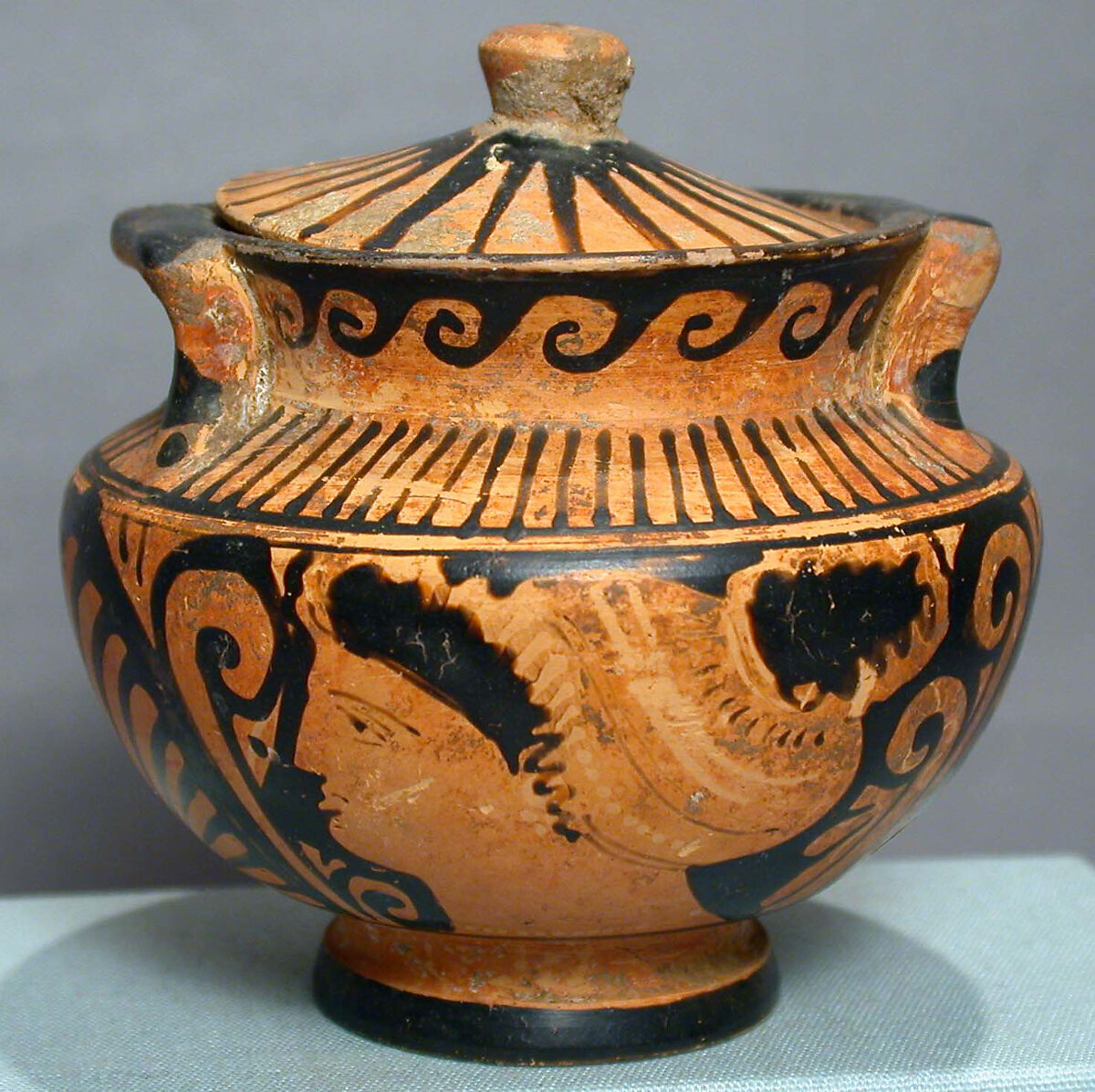 Terracotta stamnos (jar) with lid, Terracotta, Greek, South Italian 