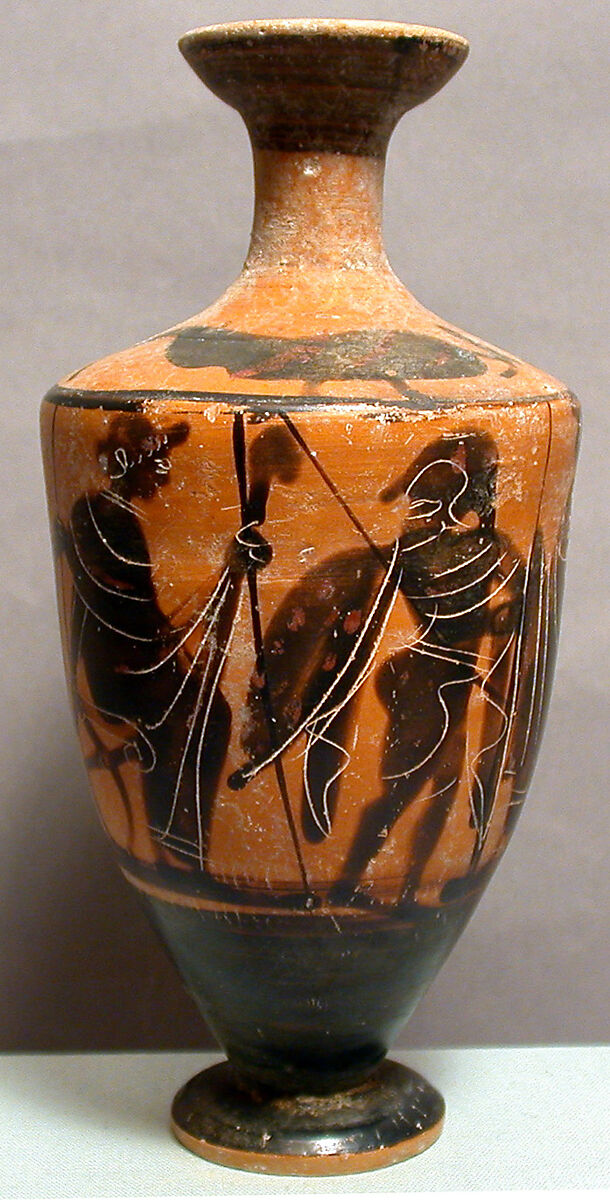 Terracotta lekythos (oil flask), Attributed to the Cock Painter [class] [possibly], Terracotta, Greek 