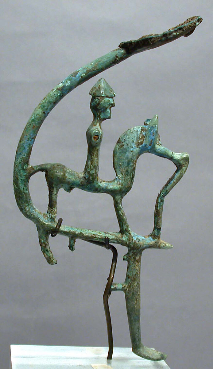 Bronze leg of a cauldron with horseman, Bronze, Italic, Villanovan 