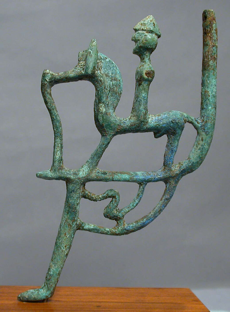 Bronze leg of a cauldron with horseman and bird, Bronze, Italic, Villanovan 
