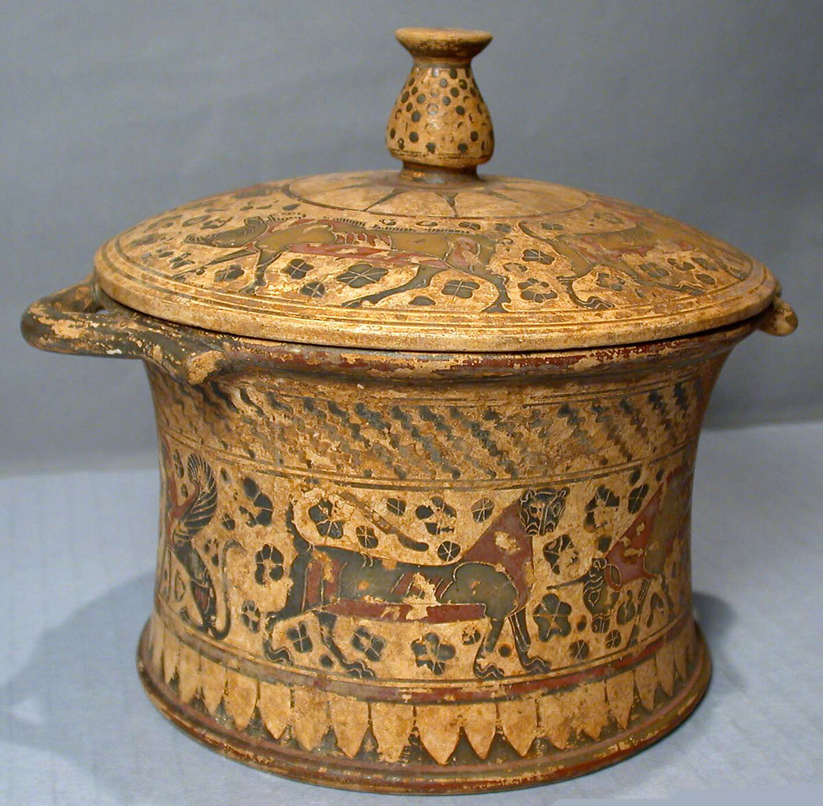 Terracotta pyxis with lid, Terracotta with black and red paint, Greek, Corinthian 