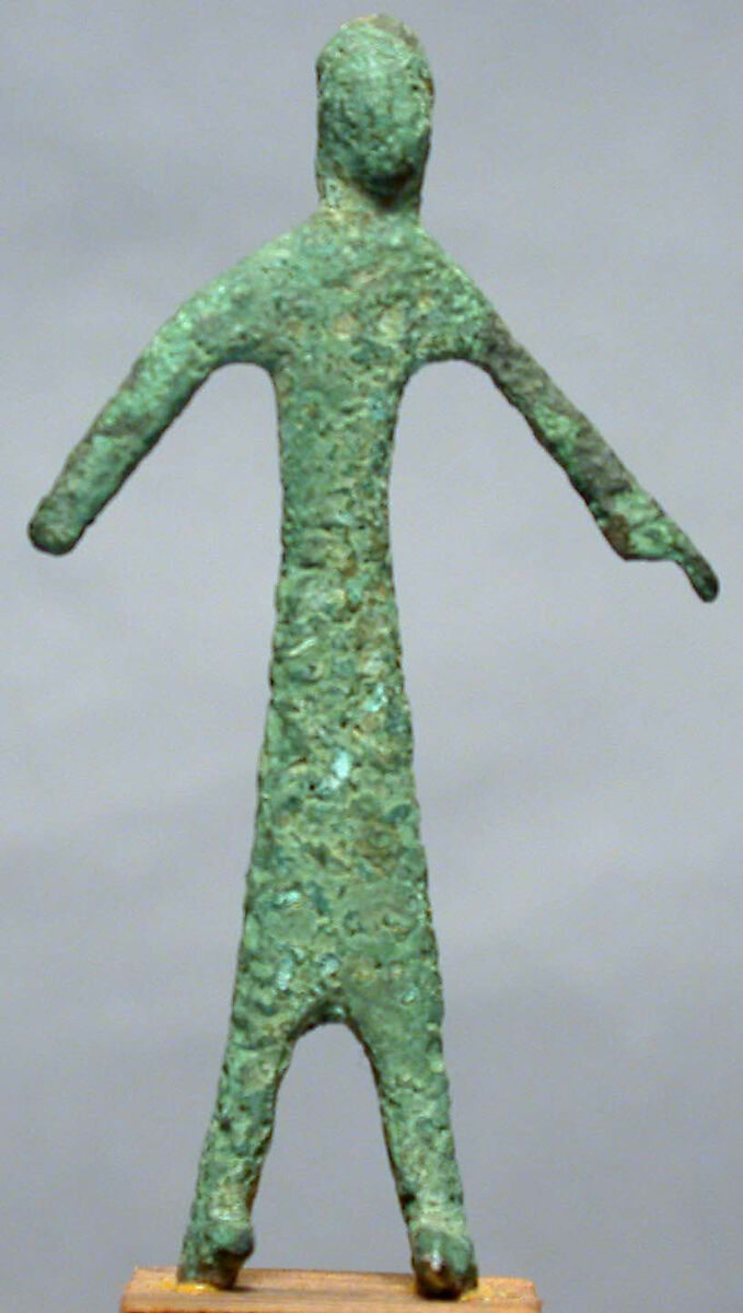 Bronze statuette of man with extended arms, Bronze, Etruscan 