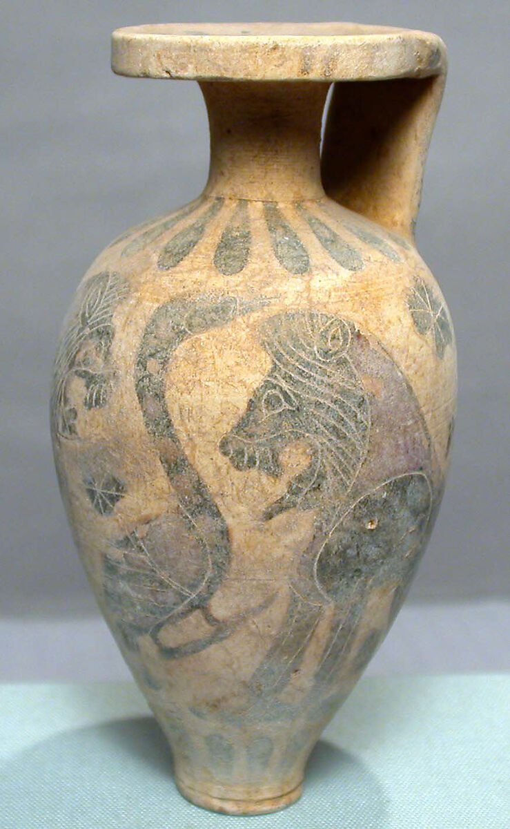 Terracotta pointed aryballos, Terracotta, painted, Greek, Corinthian 
