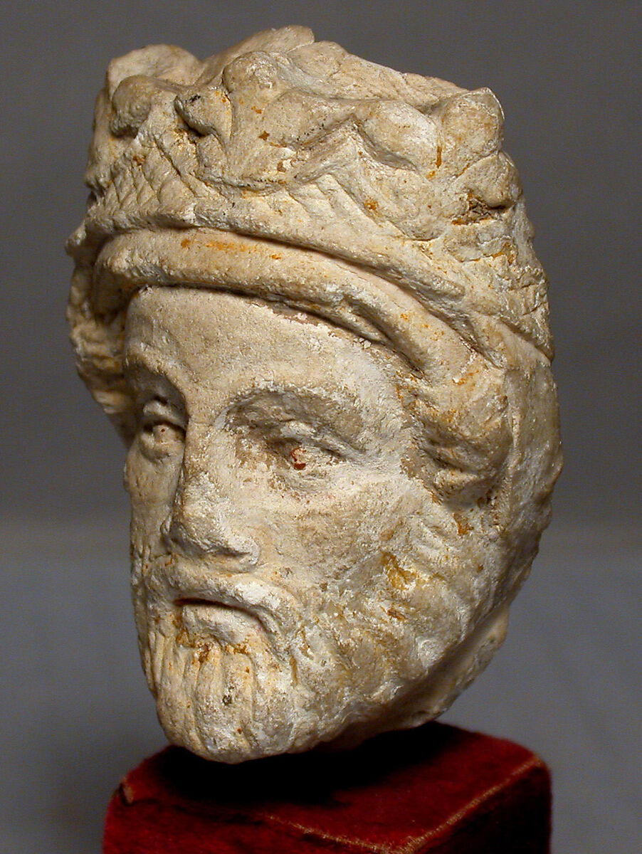 Head of a Bearded King, White marble, traces of red paint and gilding, French