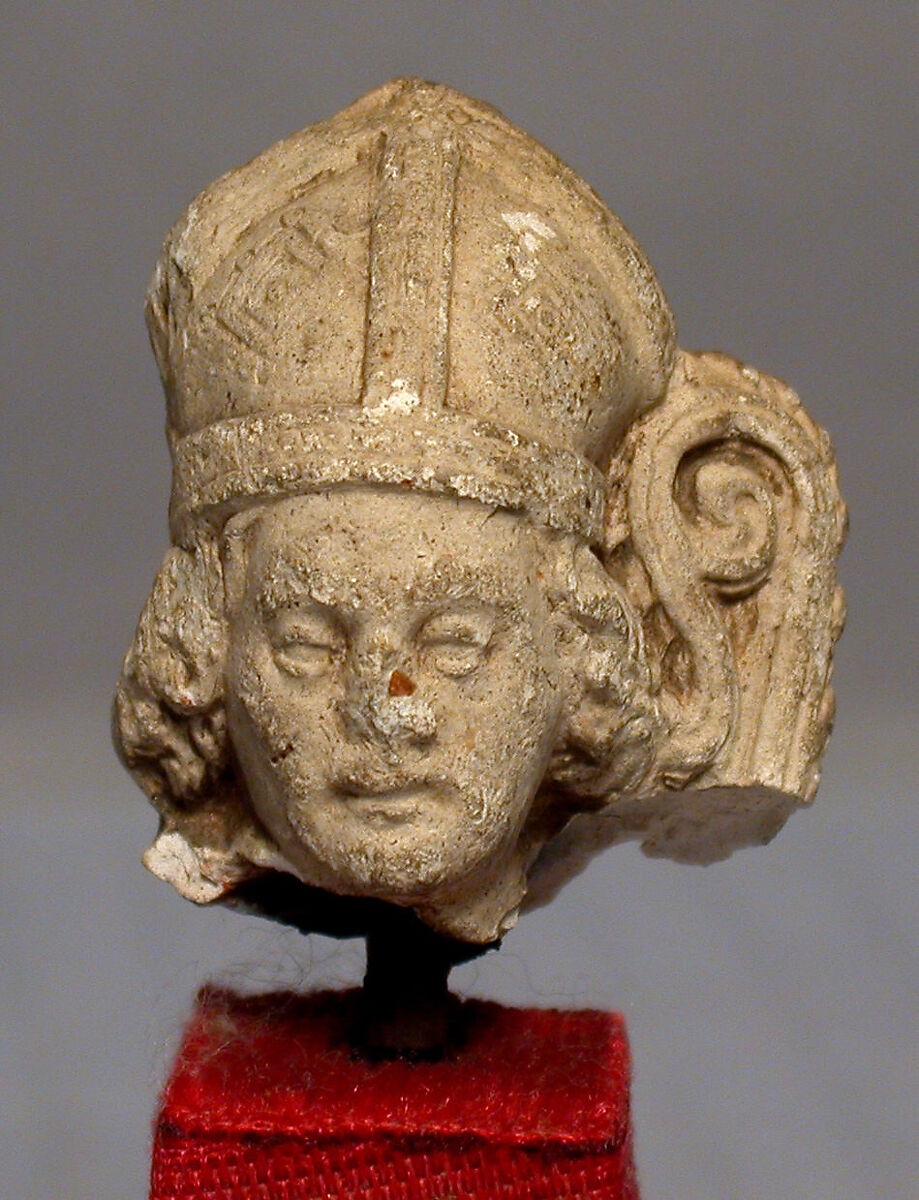 Head of a Bishop with Crozier, Limestone, traces of gilding, French 