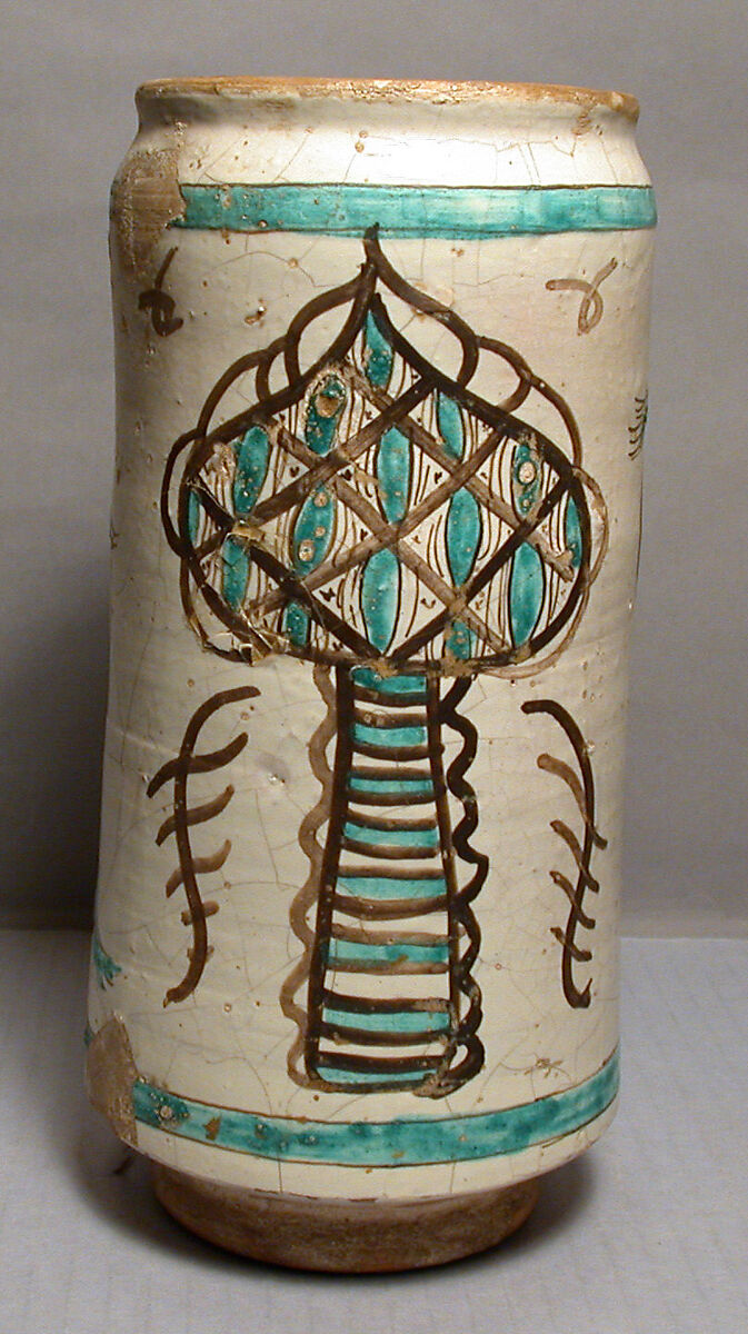 Pharmacy Jar, Tin glazed earthenware (copper and manganese oxides), Spanish