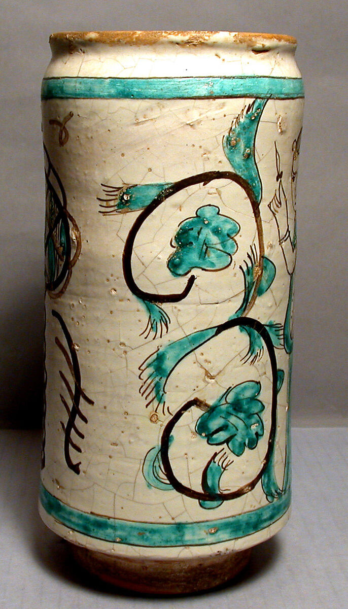 Pharmacy Jar, Tin glazed earthenware (copper and manganese oxides), Spanish