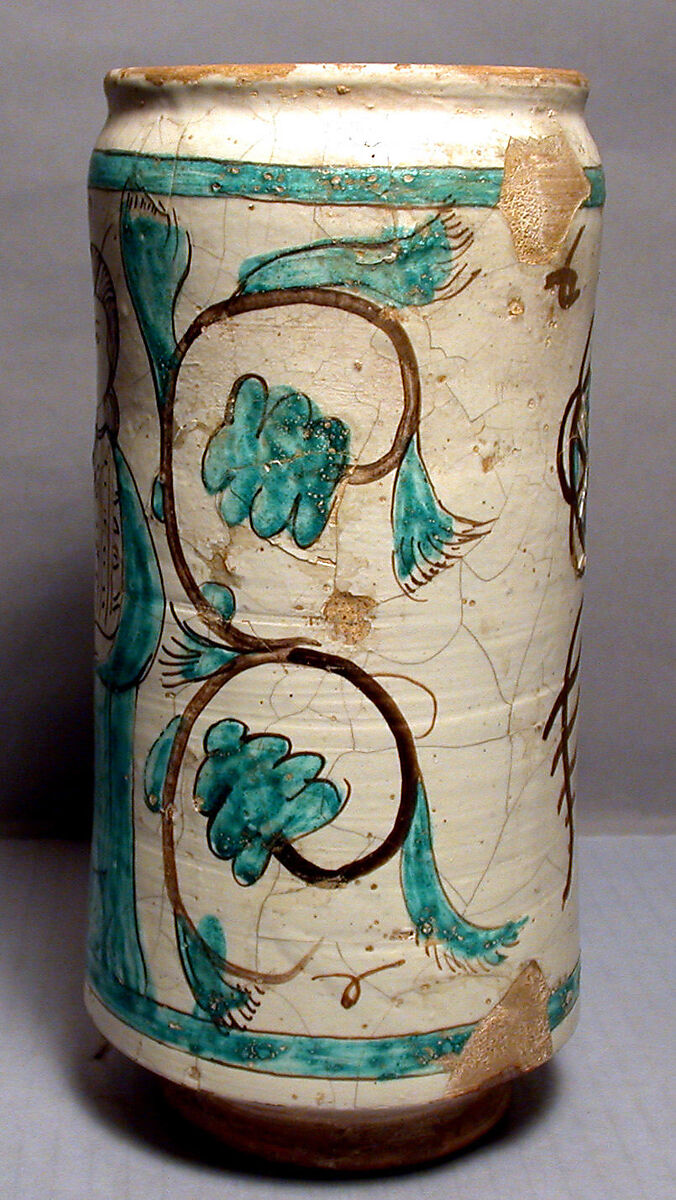 Pharmacy Jar, Tin glazed earthenware (copper and manganese oxides), Spanish