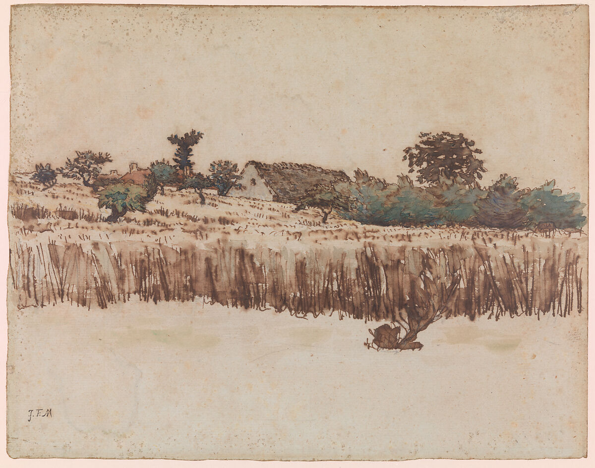 Hamlet in a Wheat Field, Vichy, Jean-François Millet (French, Gruchy 1814–1875 Barbizon), Pen and brown ink, with brush and brown wash, and watercolor 