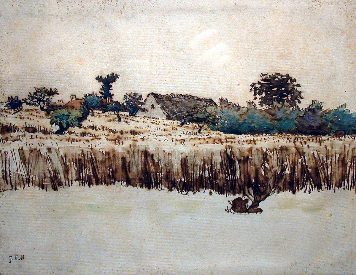Hamlet in a Wheat Field, Vichy, Jean-François Millet (French, Gruchy 1814–1875 Barbizon), Pen and brown ink, with brush and brown wash, and watercolor