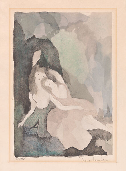 Costume Design for the Ballet "Les Biches" (The Does), Marie Laurencin (French, Paris 1883–1956 Paris), Color collotype with crayon (dark green) 