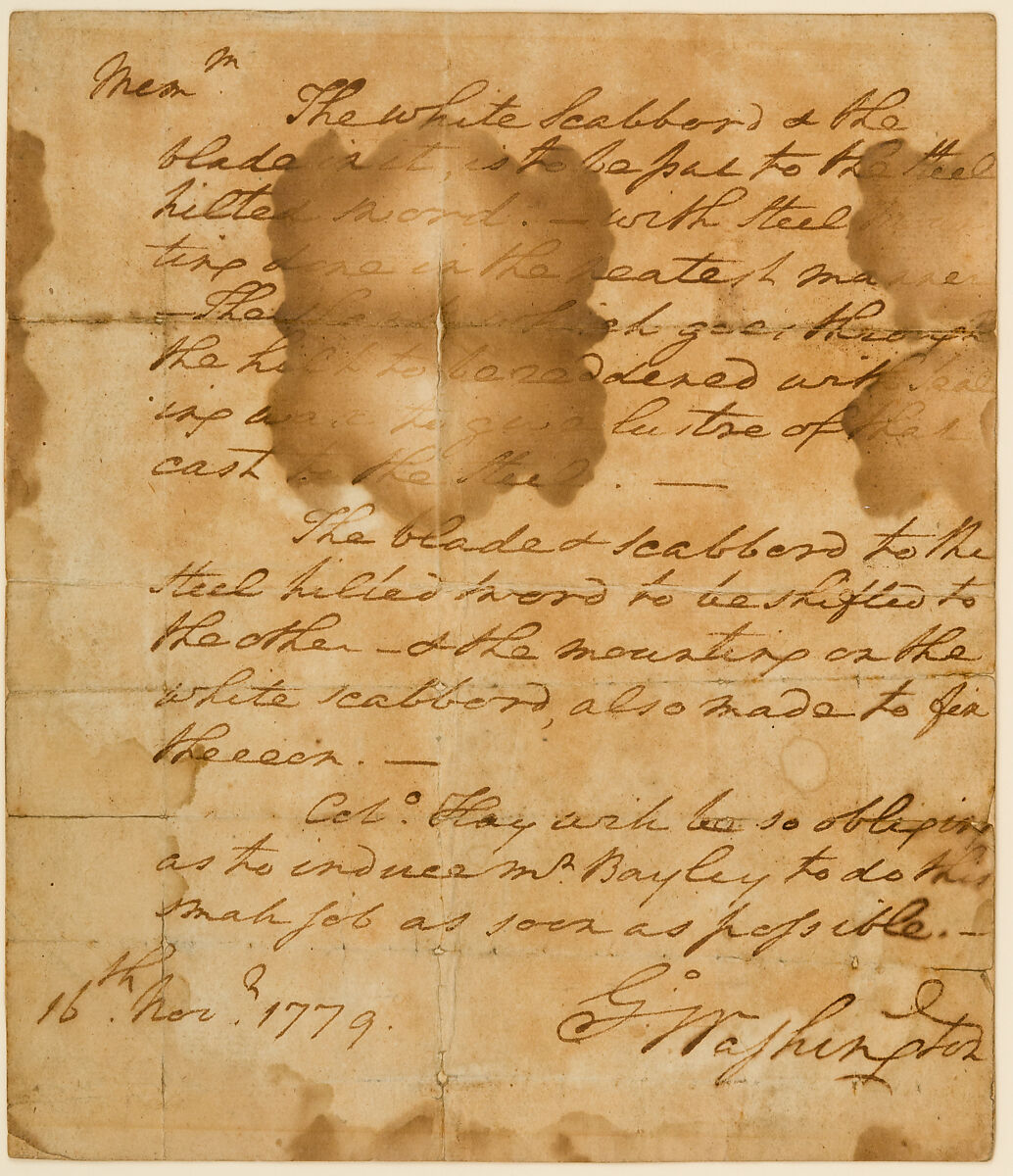 Manuscript Memorandum of George Washington Describing Work to be Done on His Swords, Pen and ink on paper, American 