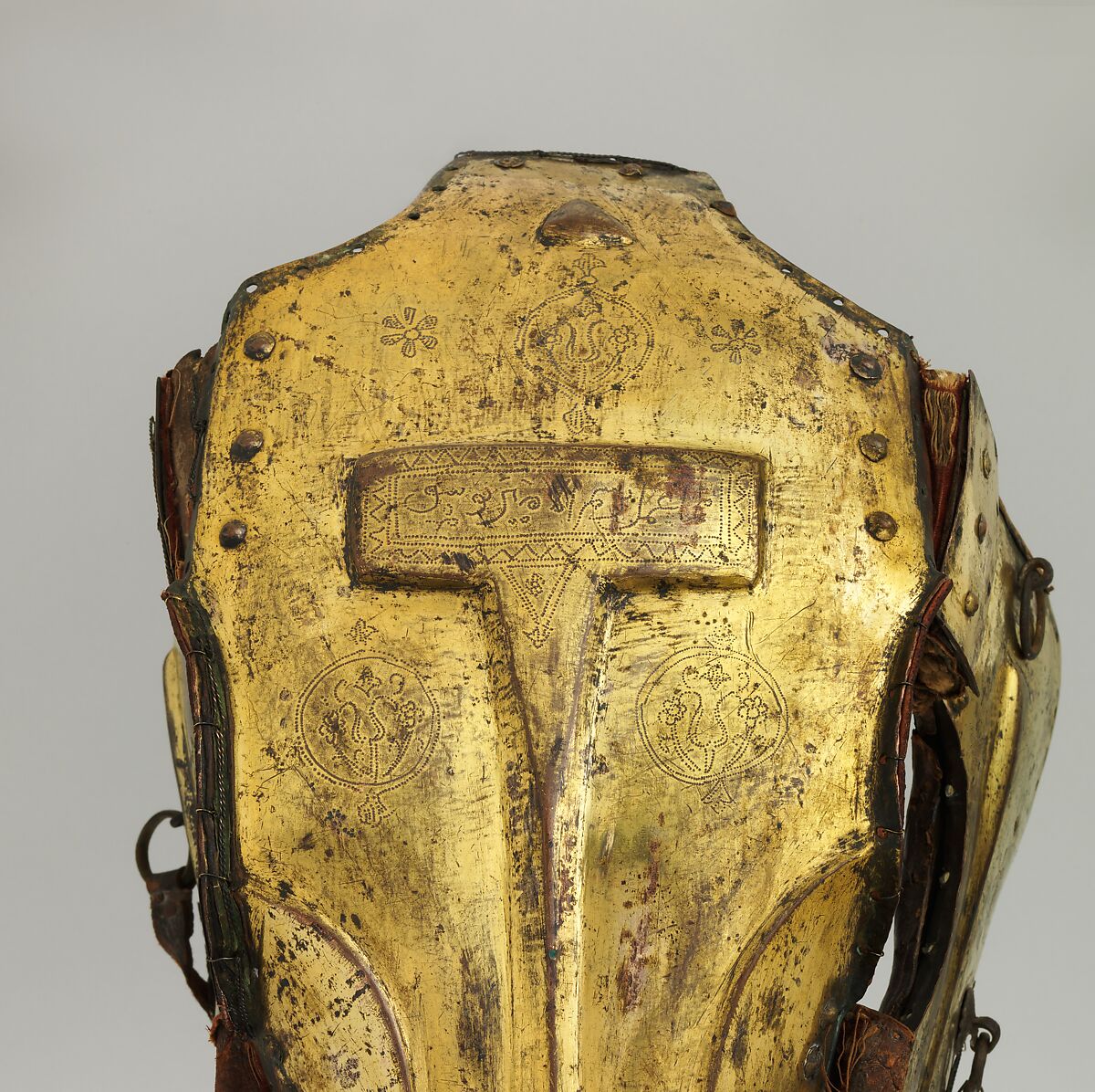Shaffron (Horse's Head Defense), Gold, copper alloy (tombak), leather, textile, Turkish