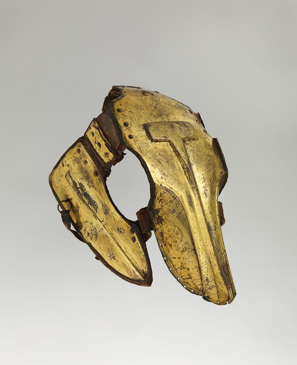 Shaffron (Horse's Head Defense), Gold, copper alloy (tombak), leather, textile, Turkish 