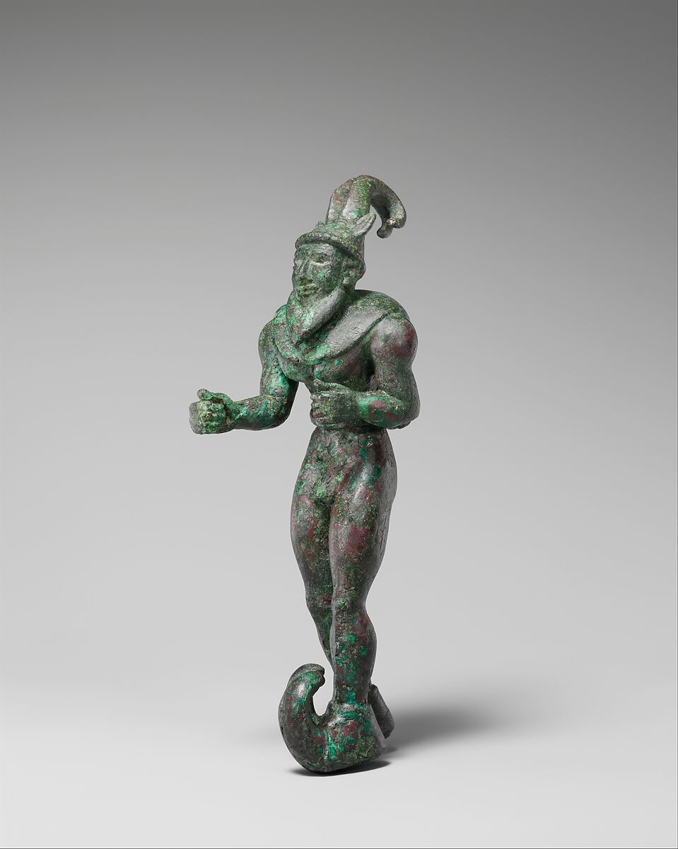 Striding figure with ibex horns, a raptor skin draped around the shoulders, and upturned boots, Copper alloy, Proto-Elamite 