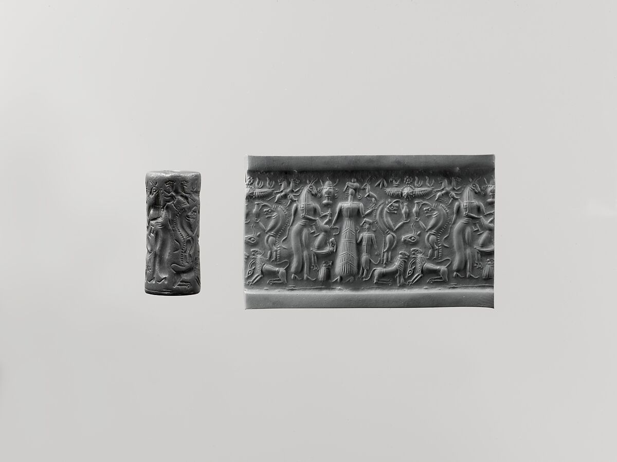Cylinder seal and modern impression: demons and animals, Hematite 