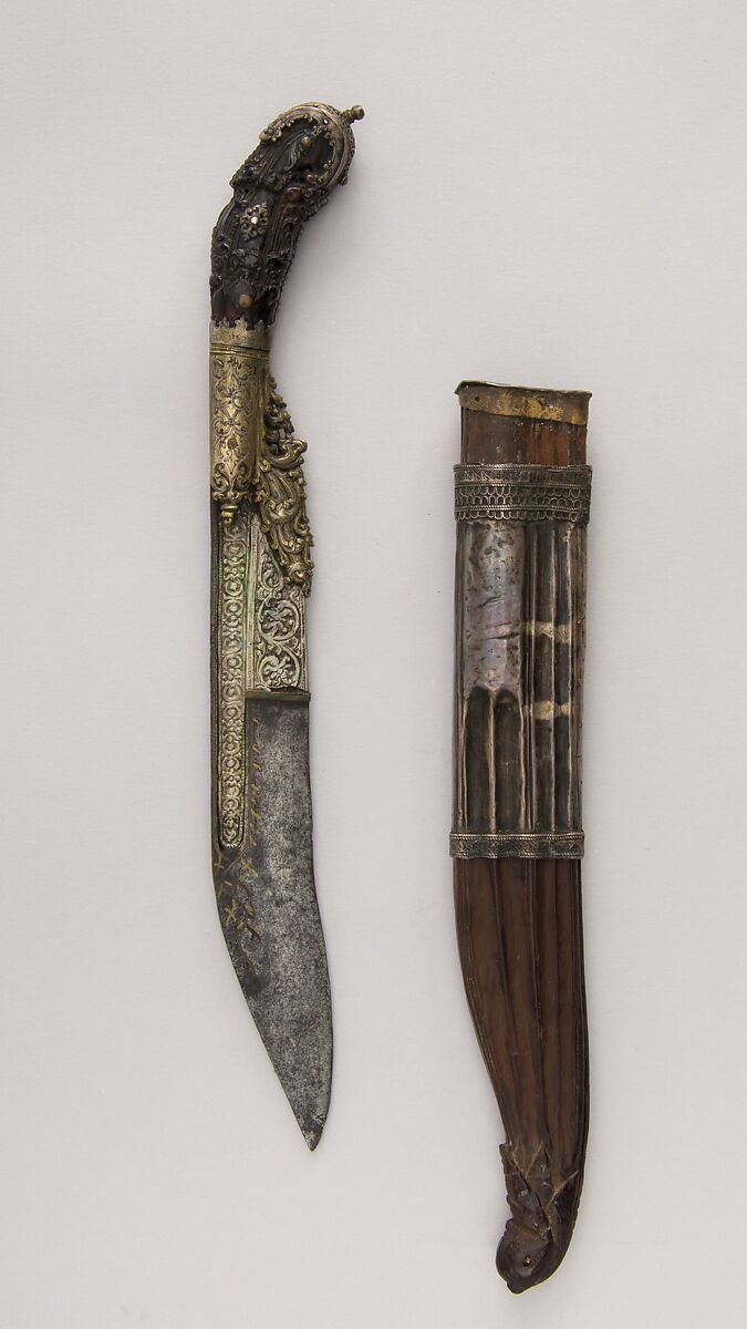 Knife (Piha Kaetta) with Sheath, Steel, brass, silver, horn (buffalo or rhioceros), wood, Sri Lankan