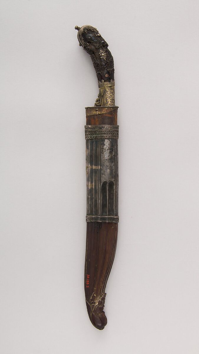 Knife (Piha Kaetta) with Sheath, Steel, brass, silver, horn (buffalo or rhioceros), wood, Sri Lankan