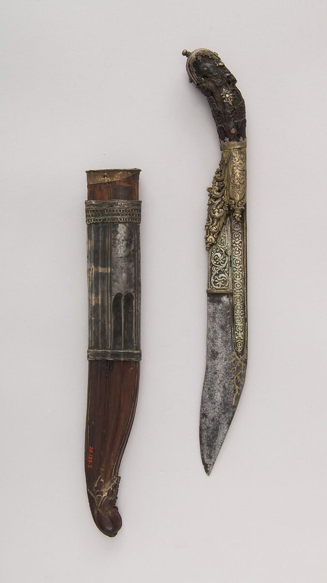 Knife (Piha Kaetta) with Sheath, Steel, brass, silver, horn (buffalo or rhioceros), wood, Sri Lankan 