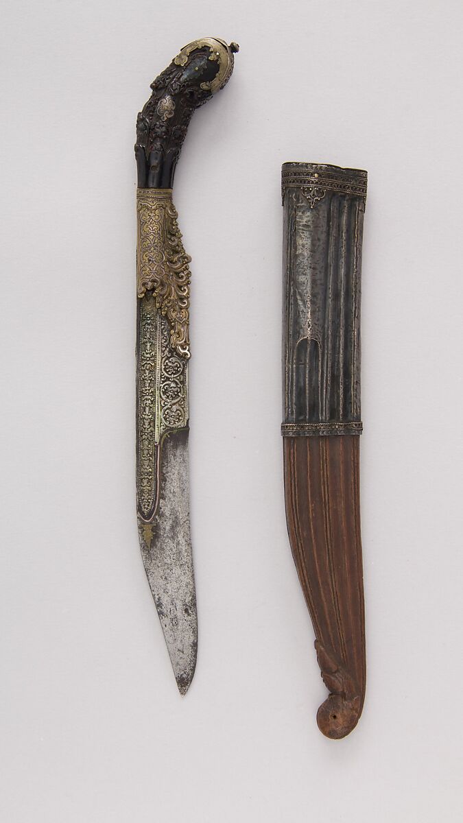 Knife (Piha Kaetta) with Sheath, Wood, silver, horn, steel, brass, Sri Lankan