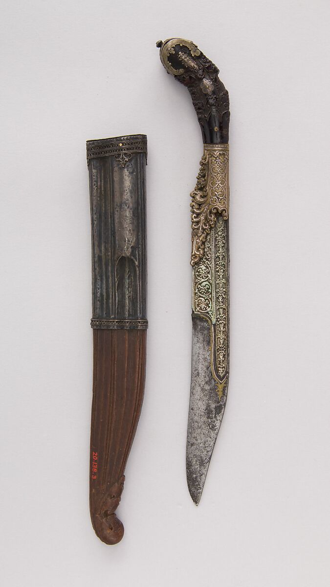 Knife (Piha Kaetta) with Sheath, Wood, silver, horn, steel, brass, Sri Lankan 