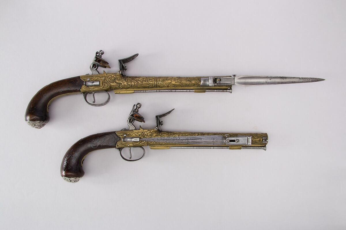 Pair of Flintlock Box-Lock Pistols with Bayonets, Steel, wood (walnut), silver, brass, British, Birmingham, and Spanish