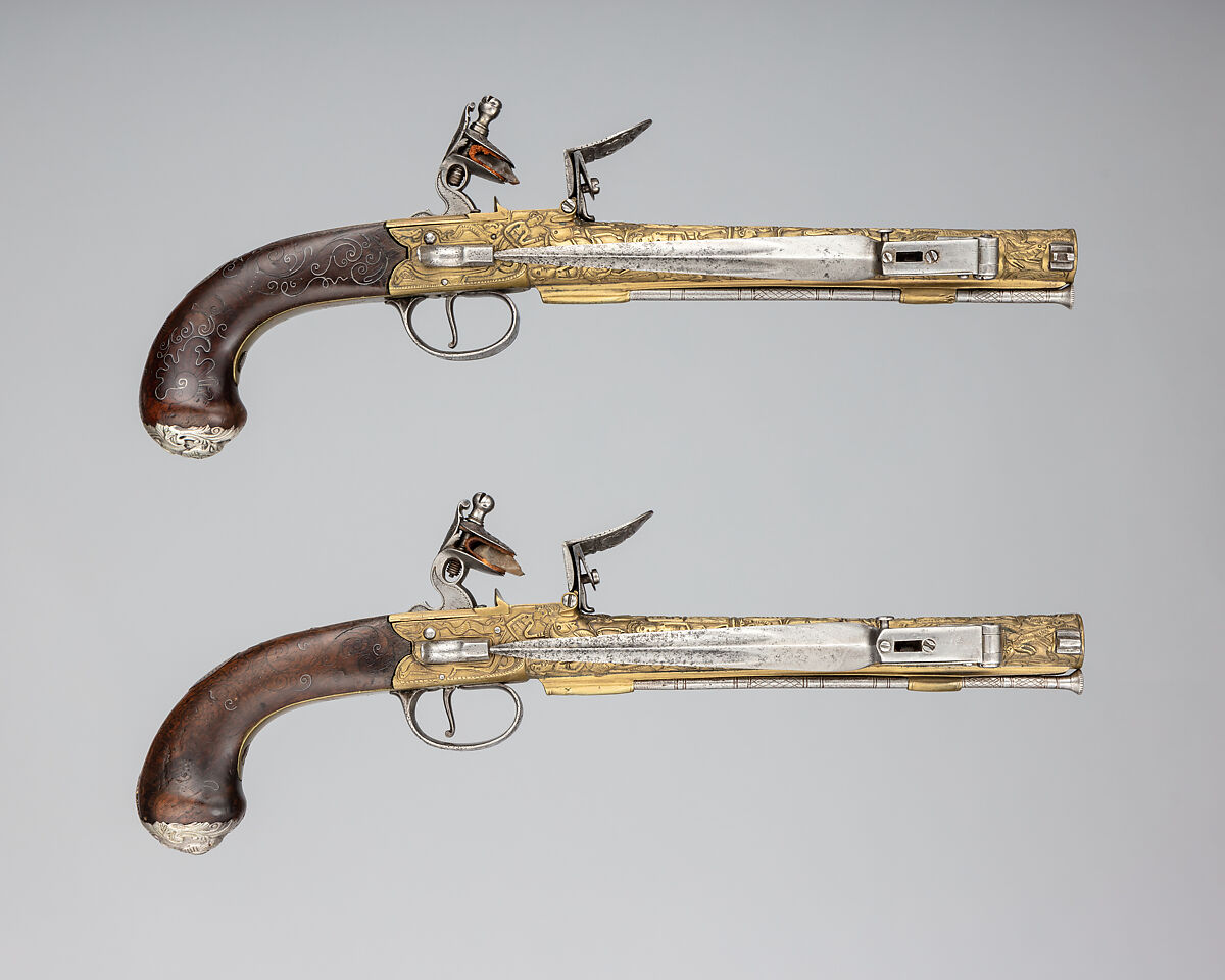 Pair of Flintlock Box-Lock Pistols with Bayonets, Steel, wood (walnut), silver, brass, British, Birmingham, and Spanish 