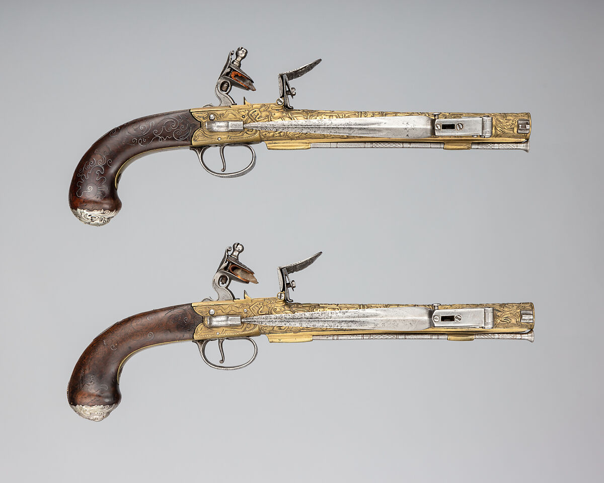 Pair of Flintlock Box-Lock Pistols with Bayonets