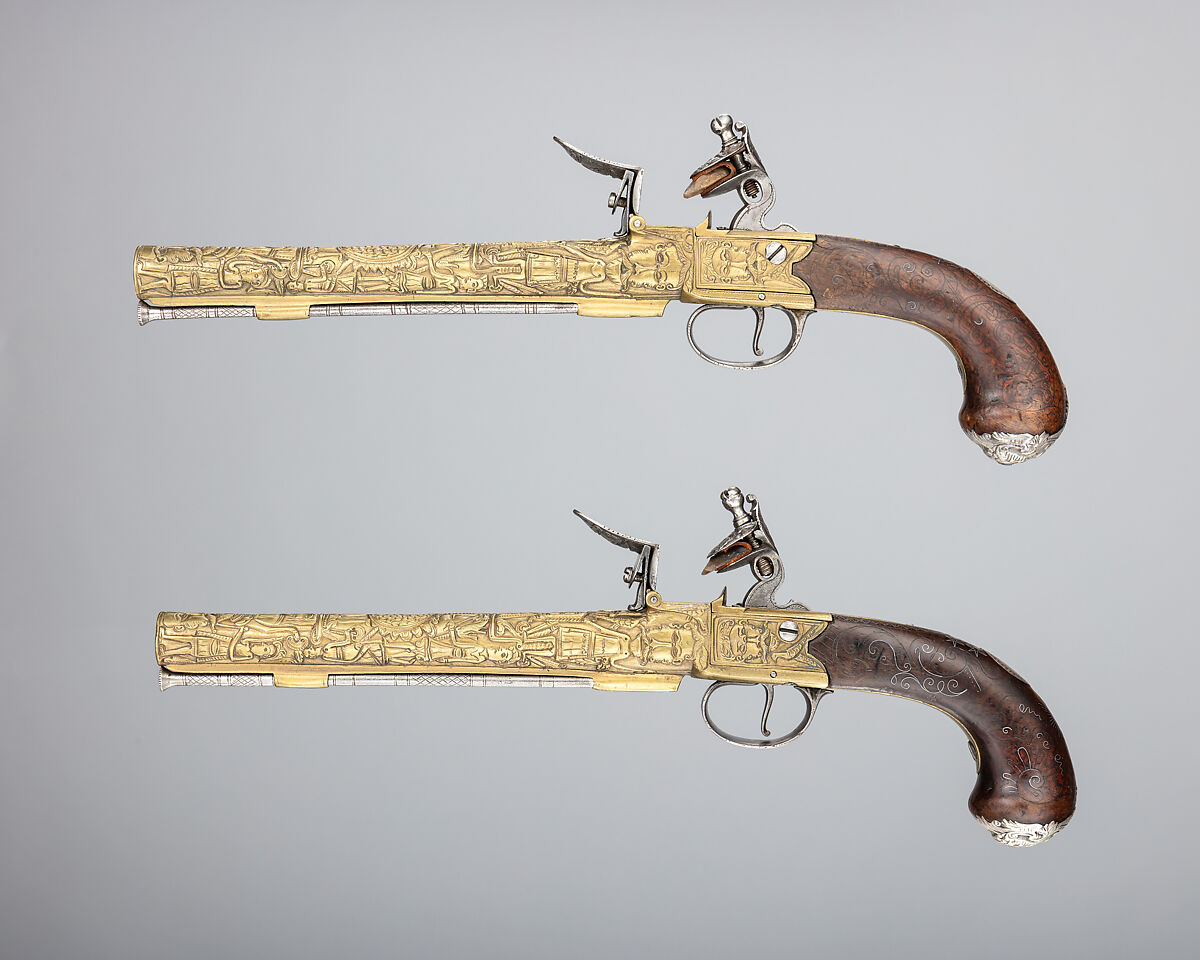 Pair of Flintlock Box-Lock Pistols with Bayonets, Steel, wood (walnut), silver, brass, British, Birmingham, and Spanish