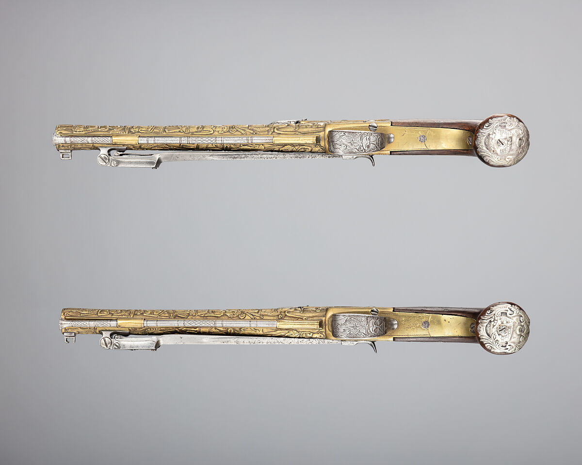 Pair of Flintlock Box-Lock Pistols with Bayonets, Steel, wood (walnut), silver, brass, British, Birmingham, and Spanish