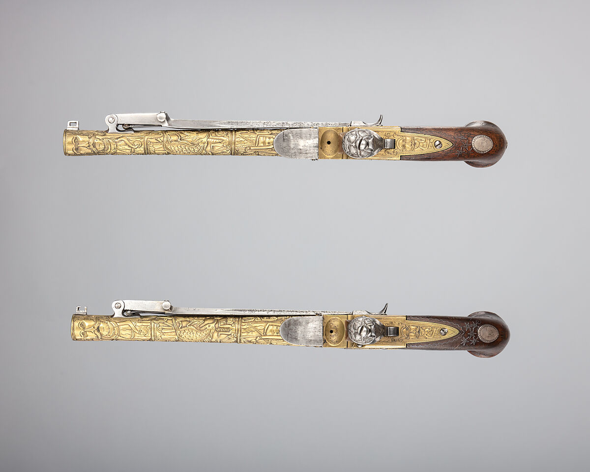 Pair of Flintlock Box-Lock Pistols with Bayonets, Steel, wood (walnut), silver, brass, British, Birmingham, and Spanish