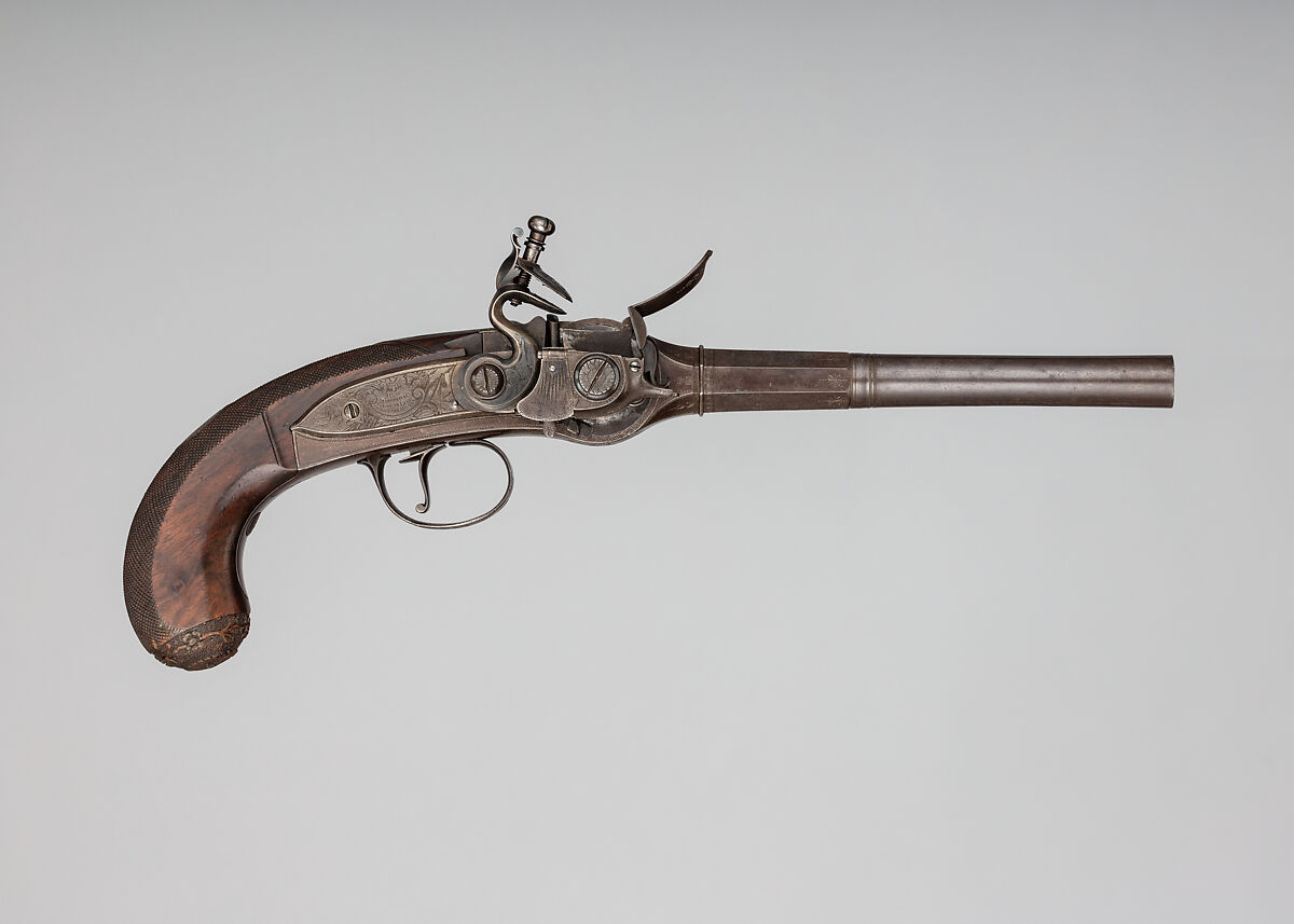 Flintlock Repeating Pistol with Lorenzoni Action, Harvey Walklate Mortimer (British, Newcastle-under-Lyme 1753–1819 Hampstead-heath (now London)), Steel, wood (walnut), silver, British, London 