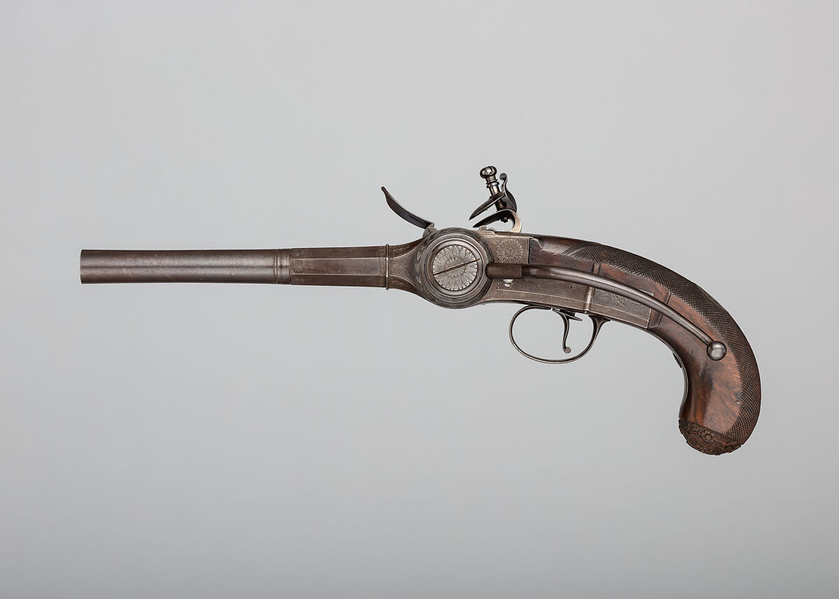 Flintlock Repeating Pistol with Lorenzoni Action, Harvey Walklate Mortimer (British, Newcastle-under-Lyme 1753–1819 Hampstead-heath (now London)), Steel, wood (walnut), silver, British, London