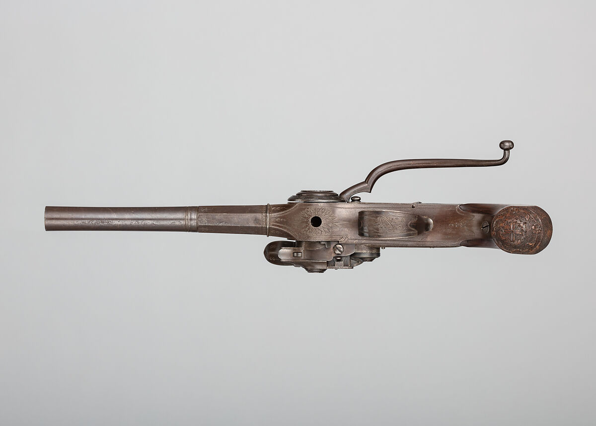 Flintlock Repeating Pistol with Lorenzoni Action, Harvey Walklate Mortimer (British, Newcastle-under-Lyme 1753–1819 Hampstead-heath (now London)), Steel, wood (walnut), silver, British, London