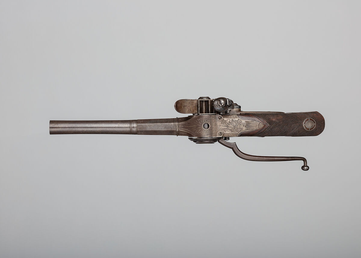 Flintlock Repeating Pistol with Lorenzoni Action, Harvey Walklate Mortimer (British, Newcastle-under-Lyme 1753–1819 Hampstead-heath (now London)), Steel, wood (walnut), silver, British, London