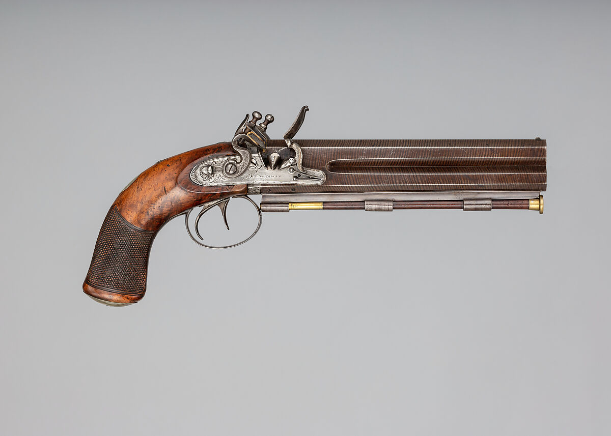Over-and-Under Flintlock Pistol, George Sturman (British, London, recorded 1827–70), Steel, wood (walnut), platinum, brass, British, London 