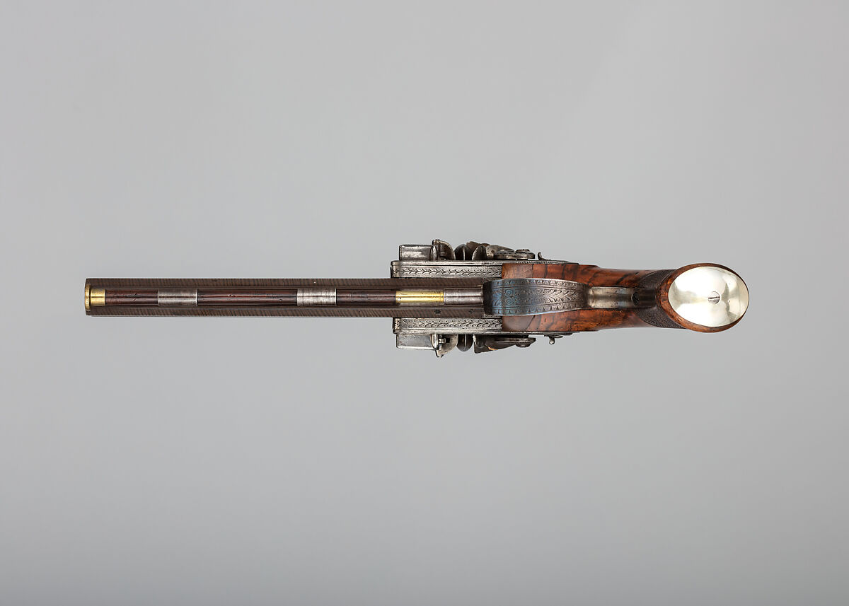 Over-and-Under Flintlock Pistol, George Sturman (British, London, recorded 1827–70), Steel, wood (walnut), platinum, brass, British, London