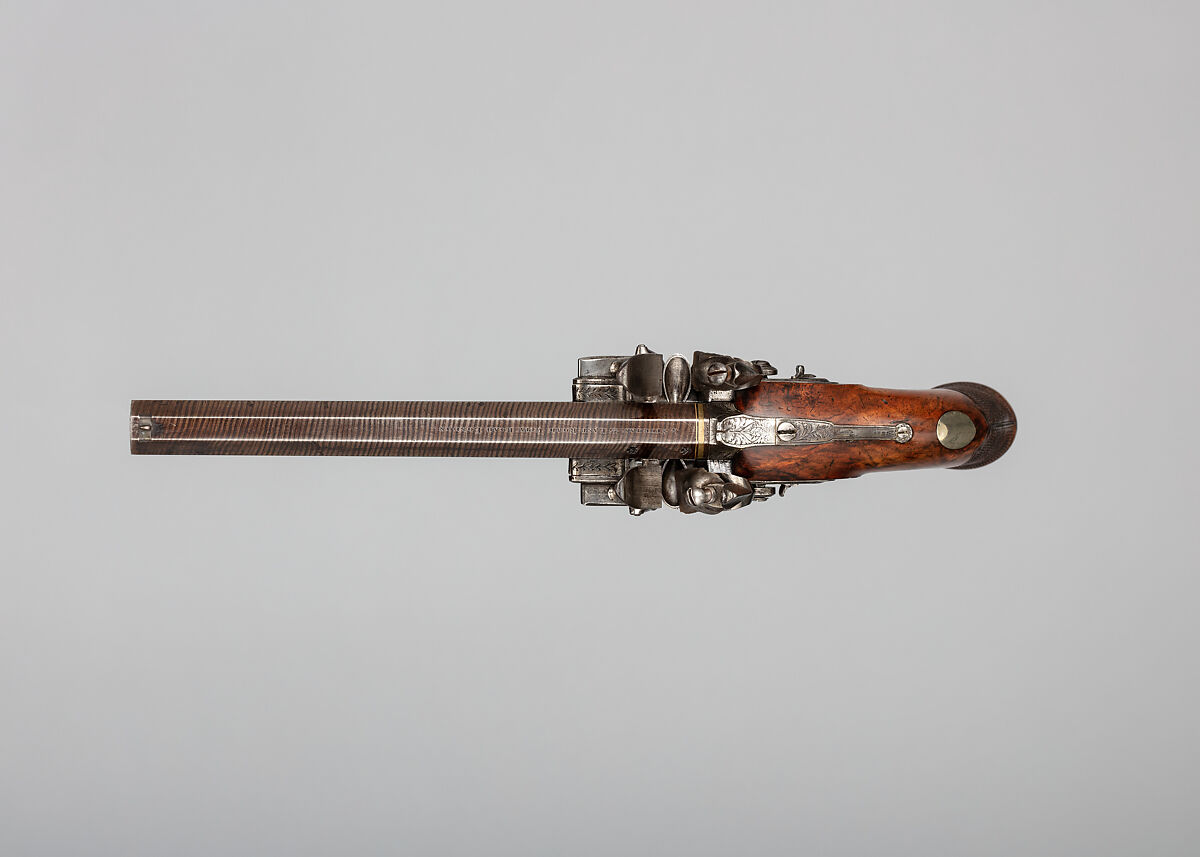 Over-and-Under Flintlock Pistol, George Sturman (British, London, recorded 1827–70), Steel, wood (walnut), platinum, brass, British, London