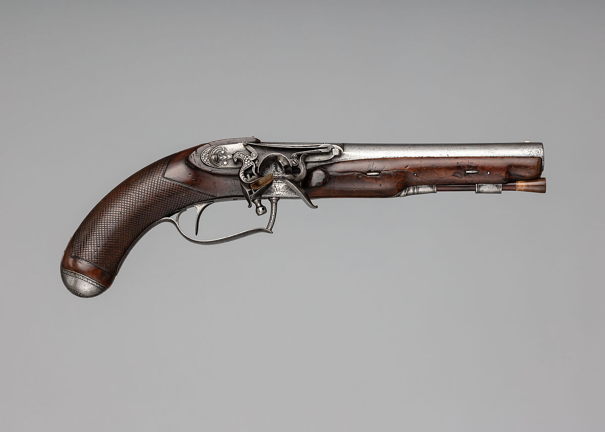 Flintlock Pistol with Inverted Lock, Joseph Egg (British (born France), Huningue 1775–1837 London), Steel, wood (walnut, rosewood), horn, British, London 