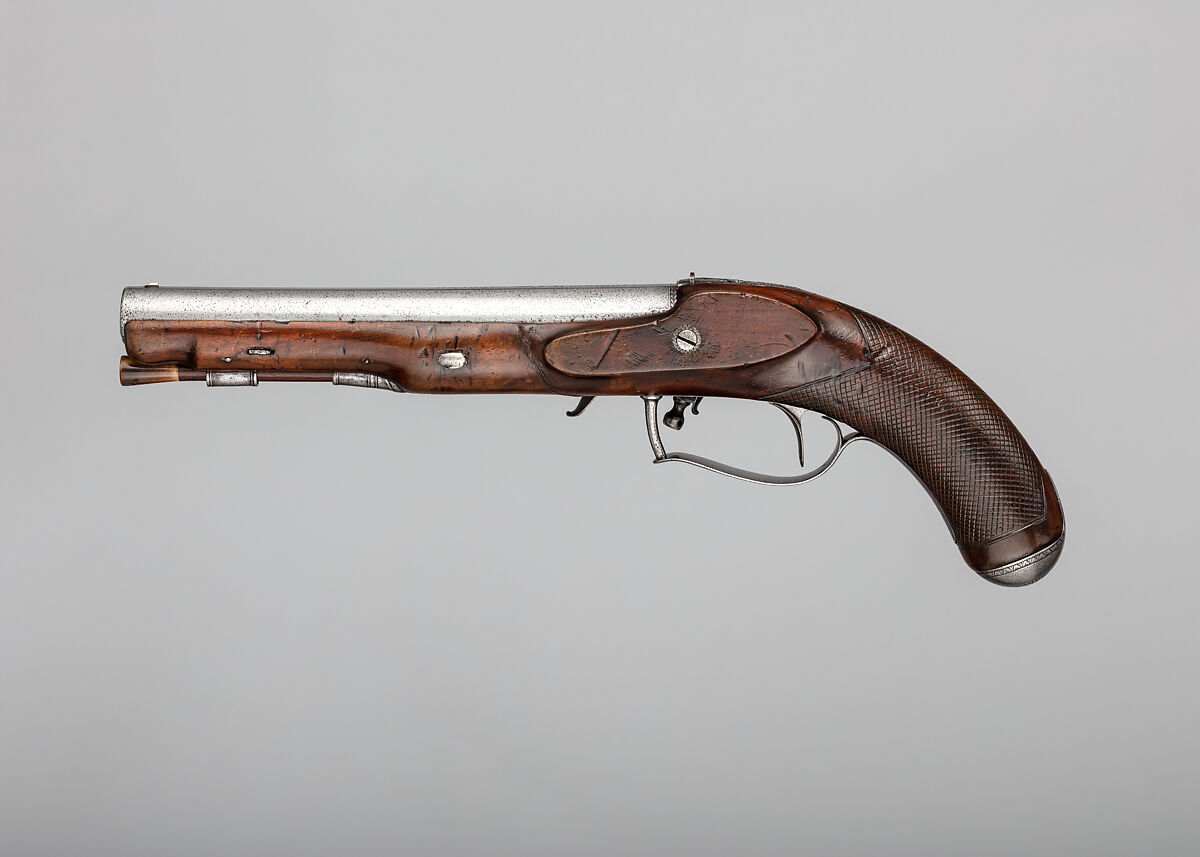 Flintlock Pistol with Inverted Lock, Joseph Egg (British (born France), Huningue 1775–1837 London), Steel, wood (walnut, rosewood), horn, British, London