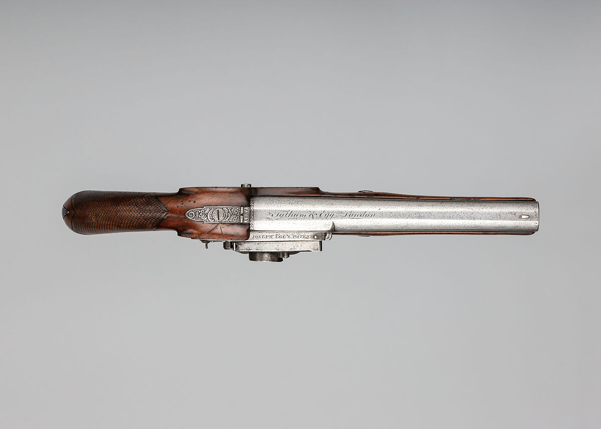 Flintlock Pistol with Inverted Lock, Joseph Egg (British (born France), Huningue 1775–1837 London), Steel, wood (walnut, rosewood), horn, British, London