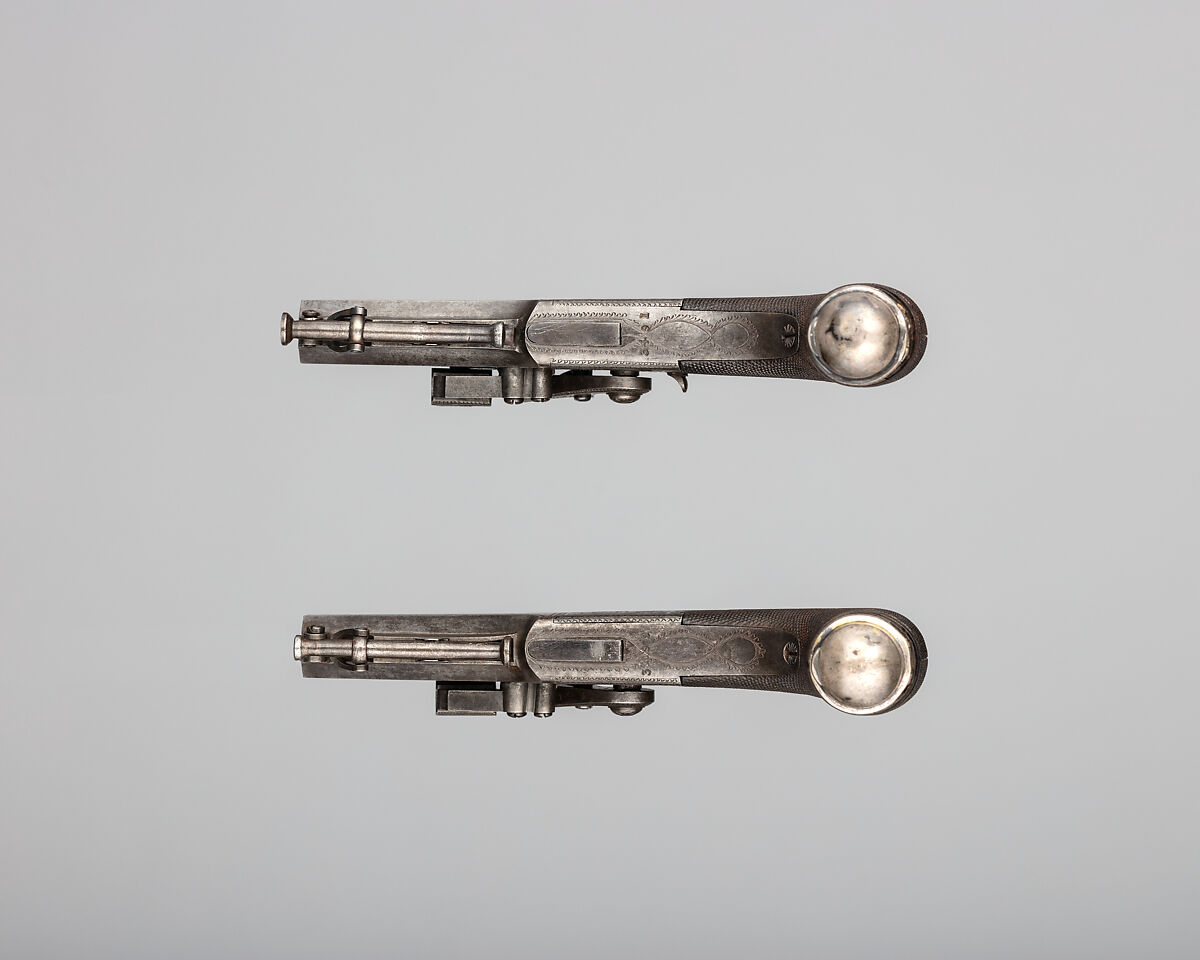 Pair of Forsyth Patent Third Model Sliding Primer Pistols, Alexander John Forsyth (British, 1768–1843), Steel, wood (walnut), silver, British, London