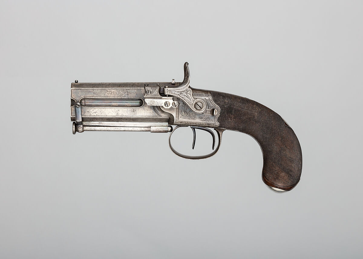 Forsyth Patent Second Model Sliding Primer Over-and-Under Pistol with Case and Accessories, Alexander John Forsyth (British, 1768–1843), Pistol: steel, wood (walnut), silver; case: wood (mahogany), brass, textile, ivory; flask: ivory; oil can: steel; cleaning rod: brass, steel, British, London