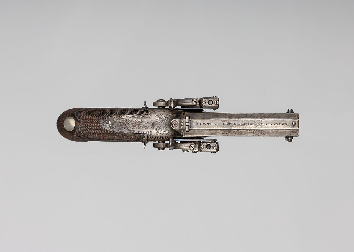 Forsyth Patent Second Model Sliding Primer Over-and-Under Pistol with Case and Accessories, Alexander John Forsyth (British, 1768–1843), Pistol: steel, wood (walnut), silver; case: wood (mahogany), brass, textile, ivory; flask: ivory; oil can: steel; cleaning rod: brass, steel, British, London