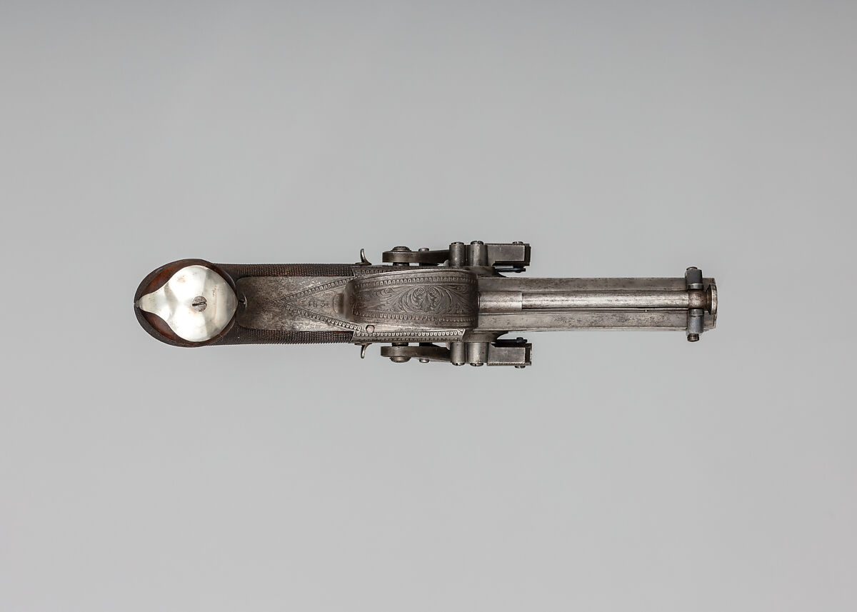 Forsyth Patent Second Model Sliding Primer Over-and-Under Pistol with Case and Accessories, Alexander John Forsyth (British, 1768–1843), Pistol: steel, wood (walnut), silver; case: wood (mahogany), brass, textile, ivory; flask: ivory; oil can: steel; cleaning rod: brass, steel, British, London