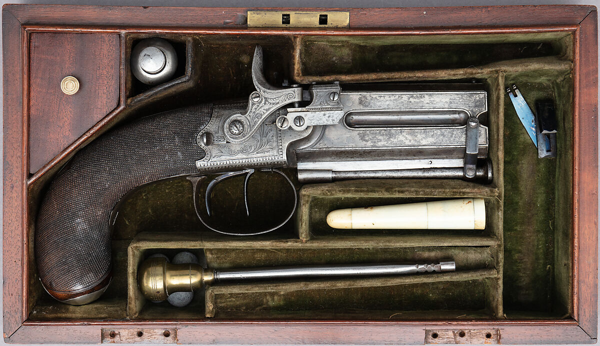 Forsyth Patent Second Model Sliding Primer Over-and-Under Pistol with Case and Accessories, Alexander John Forsyth (British, 1768–1843), Pistol: steel, wood (walnut), silver; case: wood (mahogany), brass, textile, ivory; flask: ivory; oil can: steel; cleaning rod: brass, steel, British, London