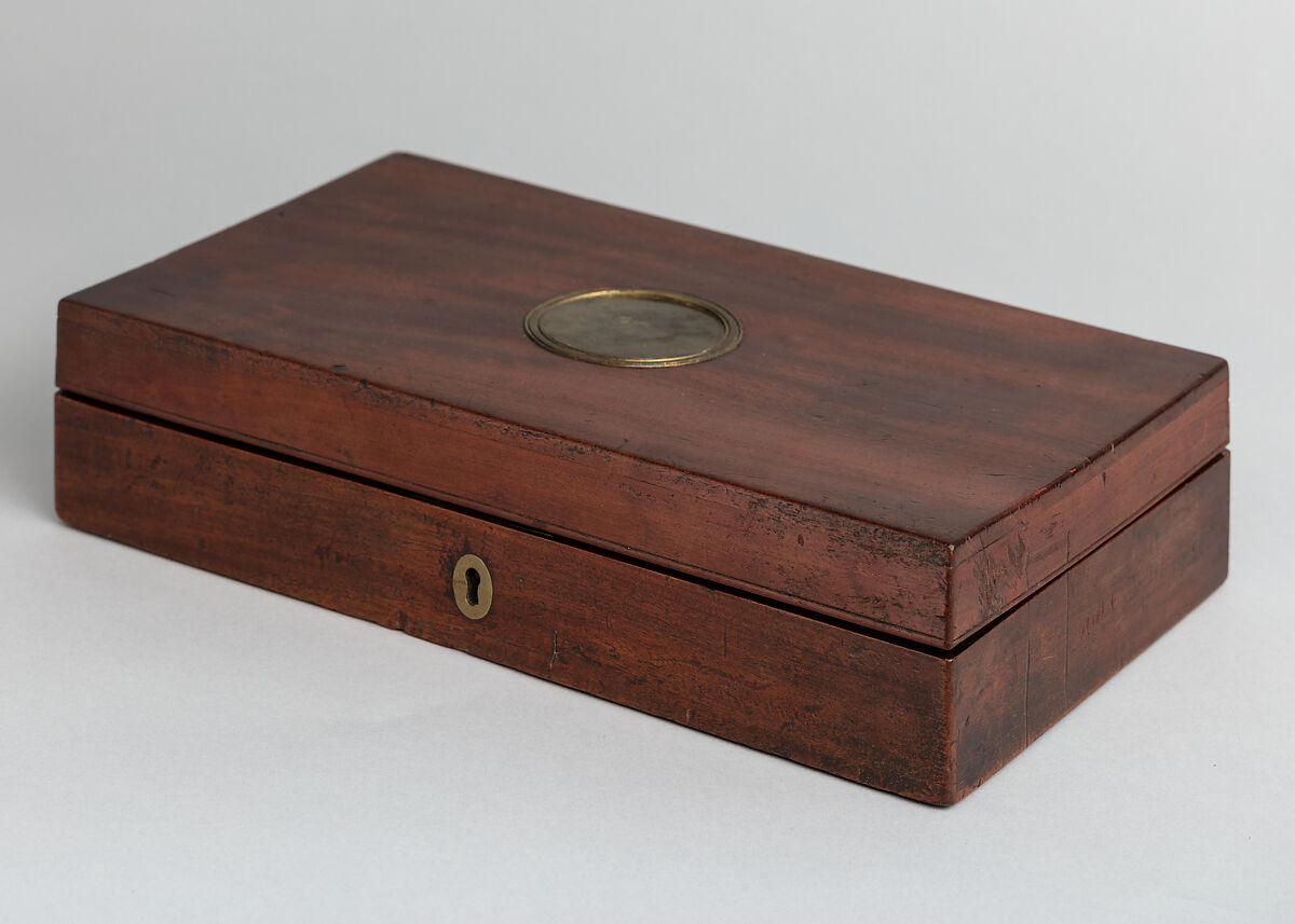 Forsyth Patent Second Model Sliding Primer Over-and-Under Pistol with Case and Accessories, Alexander John Forsyth (British, 1768–1843), Pistol: steel, wood (walnut), silver; case: wood (mahogany), brass, textile, ivory; flask: ivory; oil can: steel; cleaning rod: brass, steel, British, London