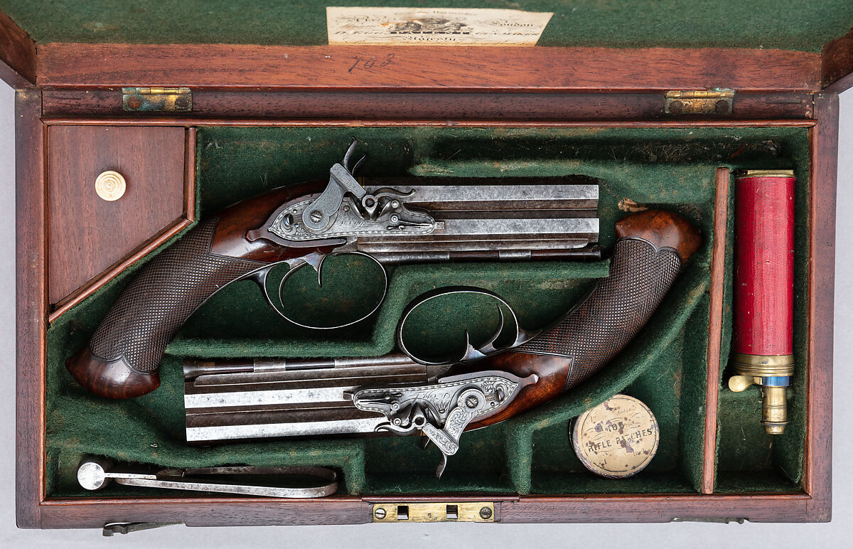 Pair of Over-and-Under Tube-Lock Percussion Pistols with Case and Accessories, Durs Egg (British, born Switzerland, baptized Oberbuchsiten, Switzerland 1748–1831 London), Pistols: steel, wood (walnut, rosewood), gold, platinum, brass, horn; case: wood (mahogany), textile, brass, bone, paper; powder flask: brass, steel, wood, leather; bullet mold: steel; box with patches: textile, paper, tin, British, London