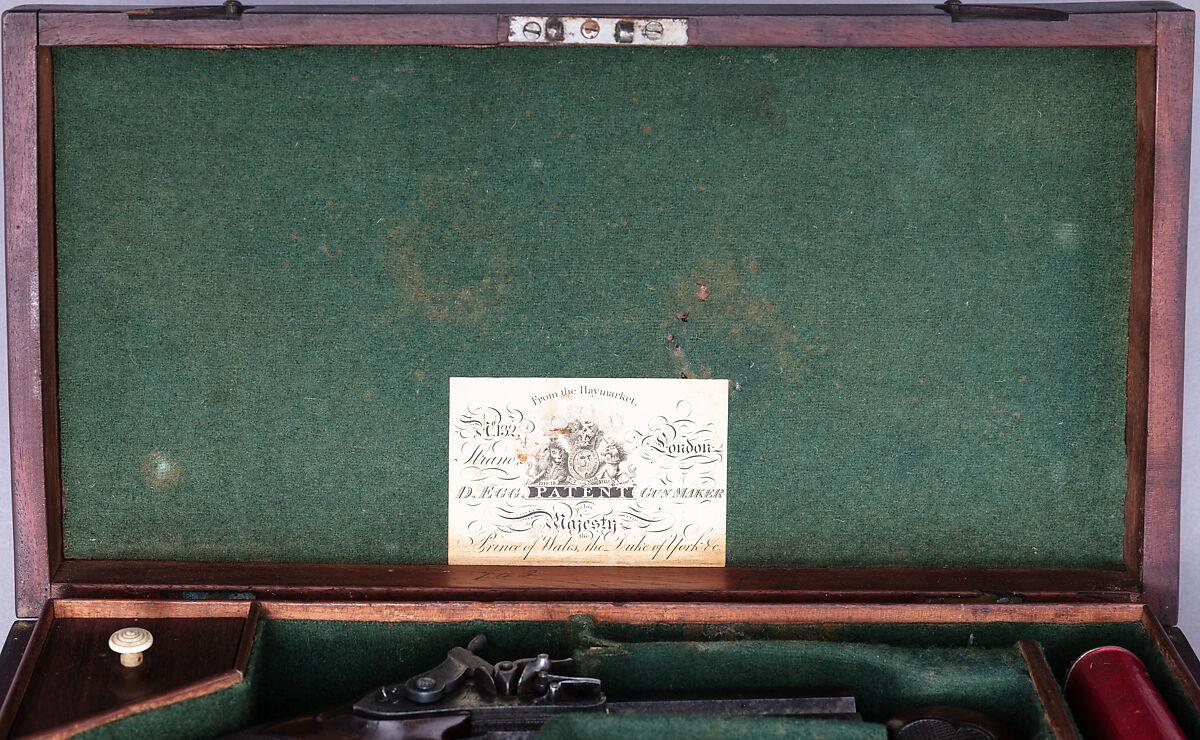 Pair of Over-and-Under Tube-Lock Percussion Pistols with Case and Accessories, Durs Egg (British, born Switzerland, baptized Oberbuchsiten, Switzerland 1748–1831 London), Pistols: steel, wood (walnut, rosewood), gold, platinum, brass, horn; case: wood (mahogany), textile, brass, bone, paper; powder flask: brass, steel, wood, leather; bullet mold: steel; box with patches: textile, paper, tin, British, London