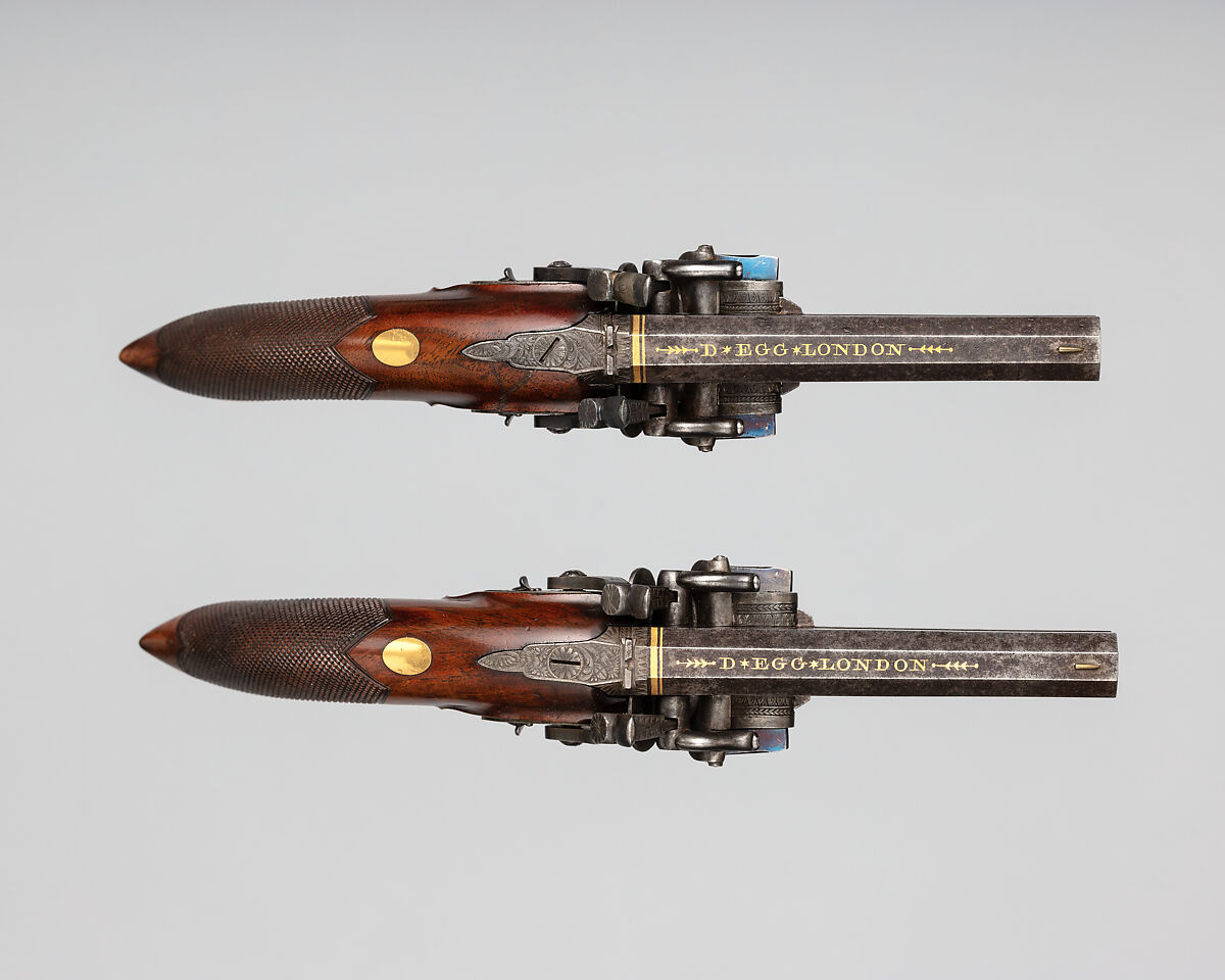 Pair of Over-and-Under Tube-Lock Percussion Pistols with Case and Accessories, Durs Egg (British, born Switzerland, baptized Oberbuchsiten, Switzerland 1748–1831 London), Pistols: steel, wood (walnut, rosewood), gold, platinum, brass, horn; case: wood (mahogany), textile, brass, bone, paper; powder flask: brass, steel, wood, leather; bullet mold: steel; box with patches: textile, paper, tin, British, London